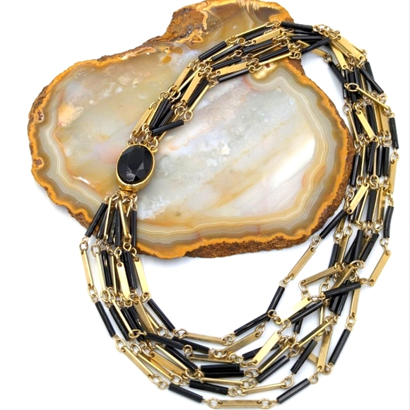 Vintage Black Glass Bugle Bead Multi Strand Gold Tone Chain Necklace 1970s - Picture 1 of 14